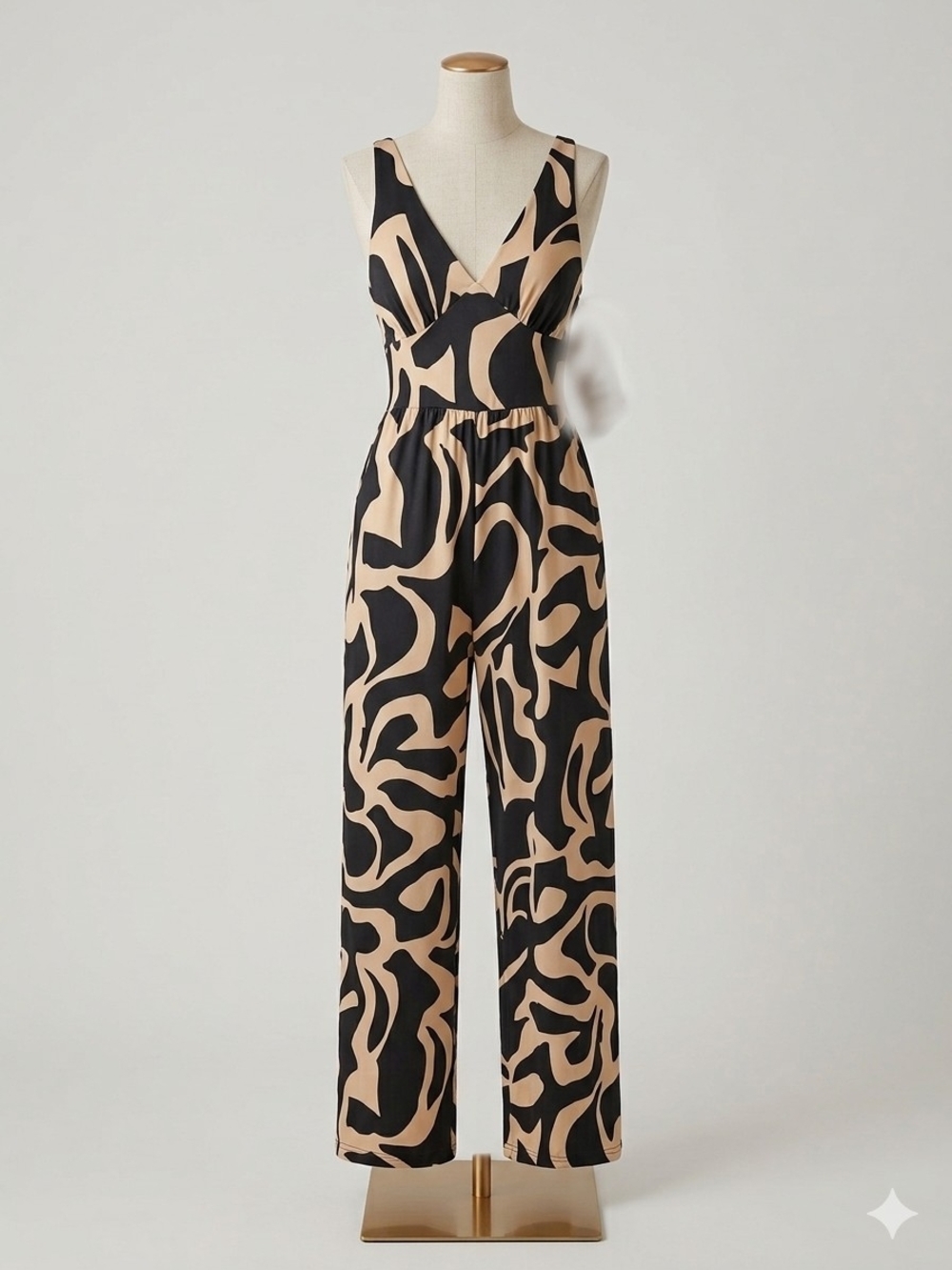 Sleeveless V-Neck Printed Jumpsuit in Black & Beige Abstract